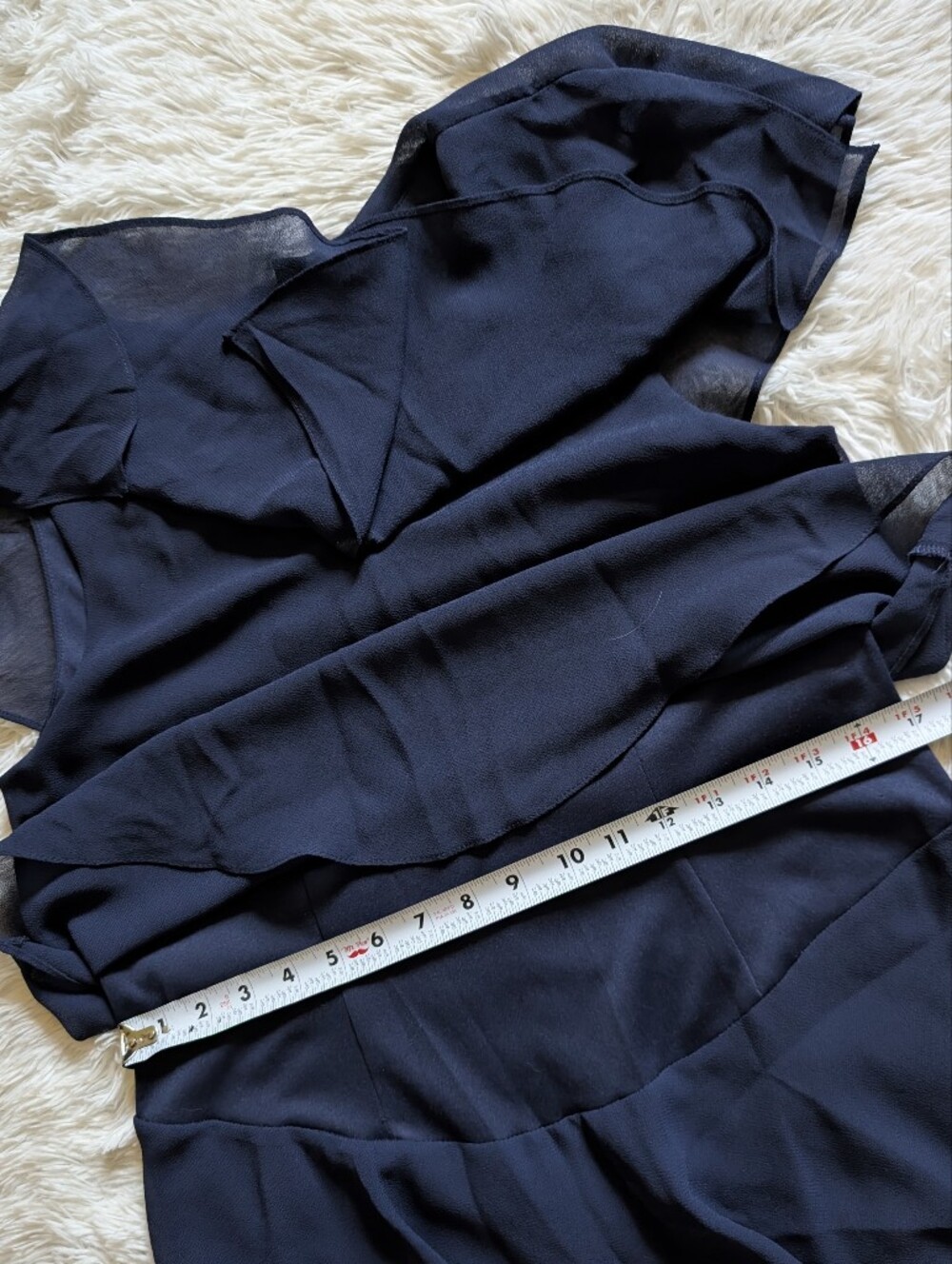 SLNY Navy Blue Tiered Capelet Rhinestone Detail Flowy Ruffle Dress Size 12 - Picture 12 of 14